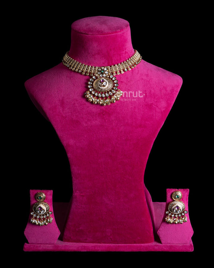 Gold Toned Circular Pendant and Magenta Gemstone Embellished Necklace 01