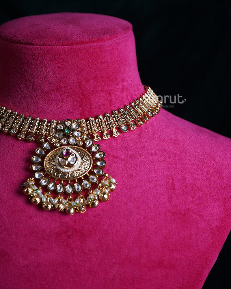 Gold Toned Circular Pendant and Magenta Gemstone Embellished Necklace 02