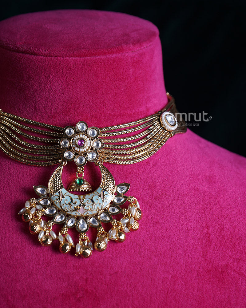 Gold Toned Crescent Moon Pendant and Gemstone Accents Choker Necklace 02