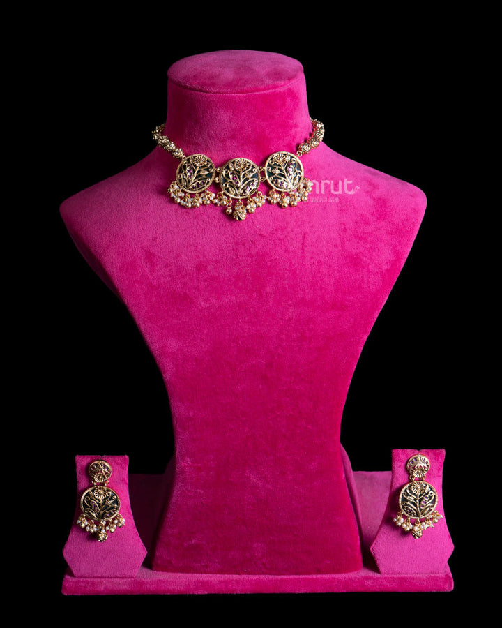 Gold Toned Floral Pendants and Ruby Accents Choker Necklace 01