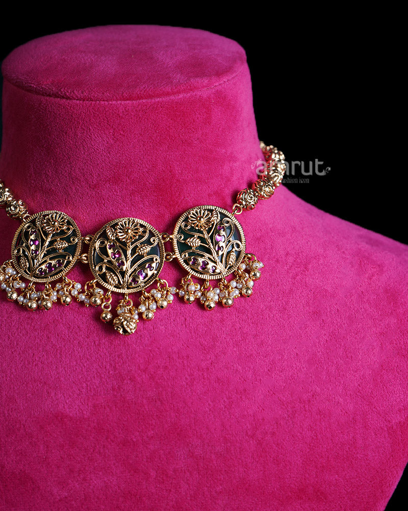 Gold Toned Floral Pendants and Ruby Accents Choker Necklace 02