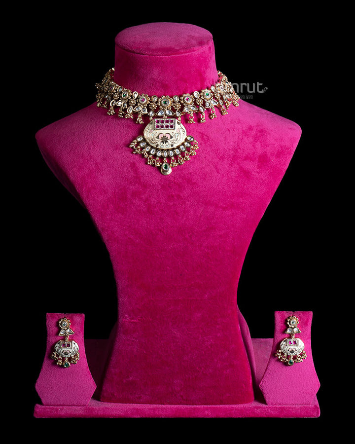 Gold Toned Layered Choker Necklace with Colorful Gemstones and Embellished Pendant 01