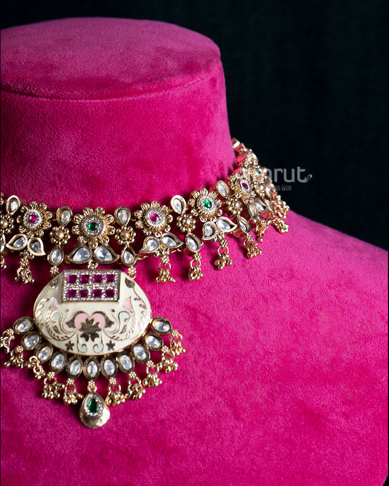 Gold Toned Layered Choker Necklace with Colorful Gemstones and Embellished Pendant 02