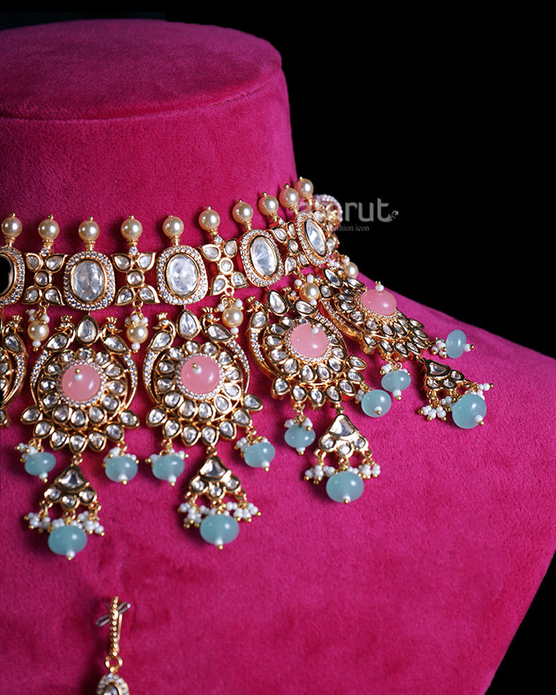 Gold Toned Light Pink Stones and Light Blue Beads Emerald Bridal Jewelry Set  02