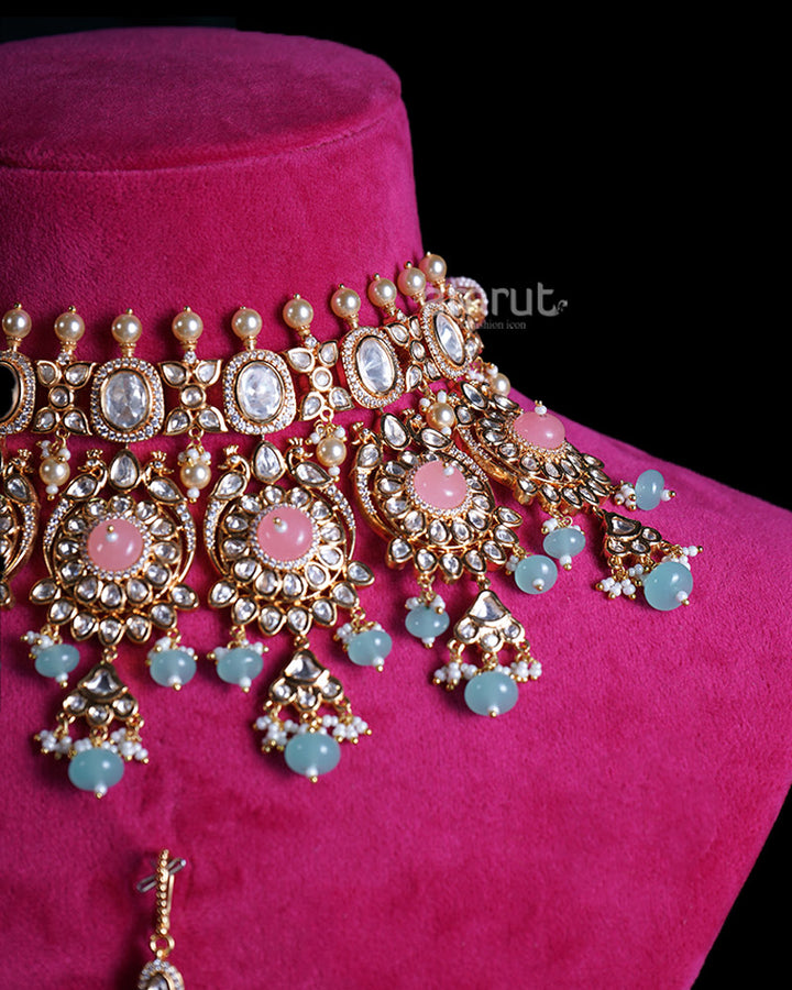 Gold Toned Light Pink Stones and Light Blue Beads Emerald Bridal Jewelry Set  02