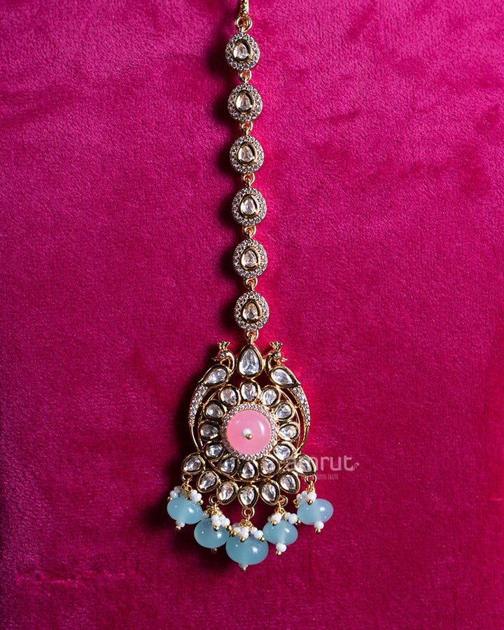 Gold Toned Light Pink Stones and Light Blue Beads Emerald Bridal Jewelry Set  03