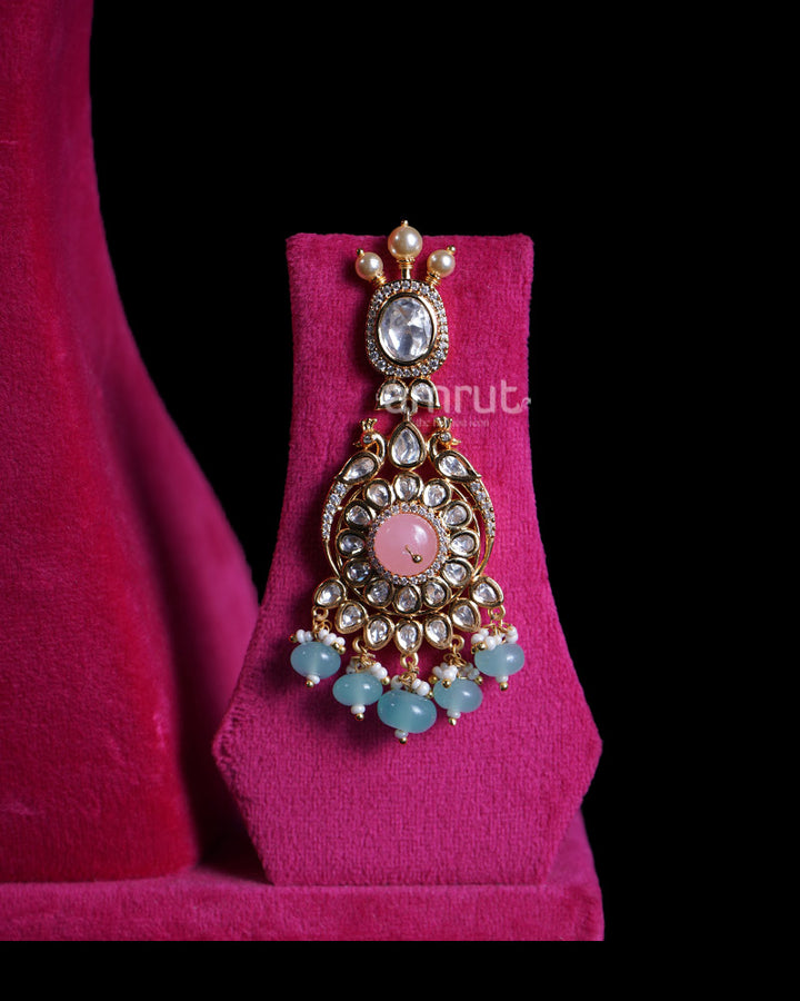 Gold Toned Light Pink Stones and Light Blue Beads Emerald Bridal Jewelry Set  04