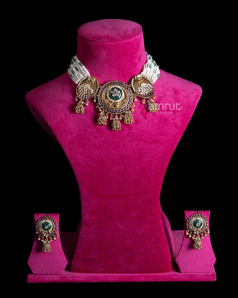 Gold Toned Medallion Necklace with Pearls and Colorful Gemstone Accents 01