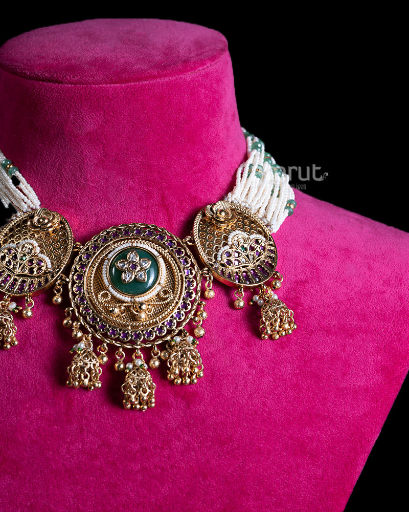 Gold Toned Medallion Necklace with Pearls and Colorful Gemstone Accents 02