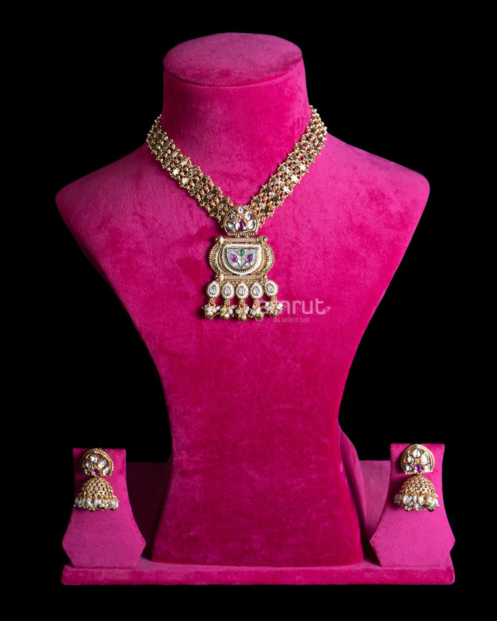 Gold Toned Multi Strand Necklace with Pearl Pendant and Gemstone Accent 01