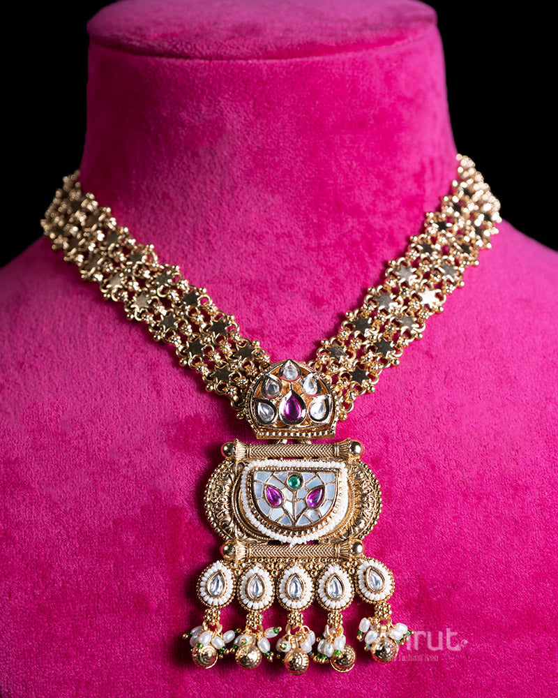 Gold Toned Multi Strand Necklace with Pearl Pendant and Gemstone Accent 02