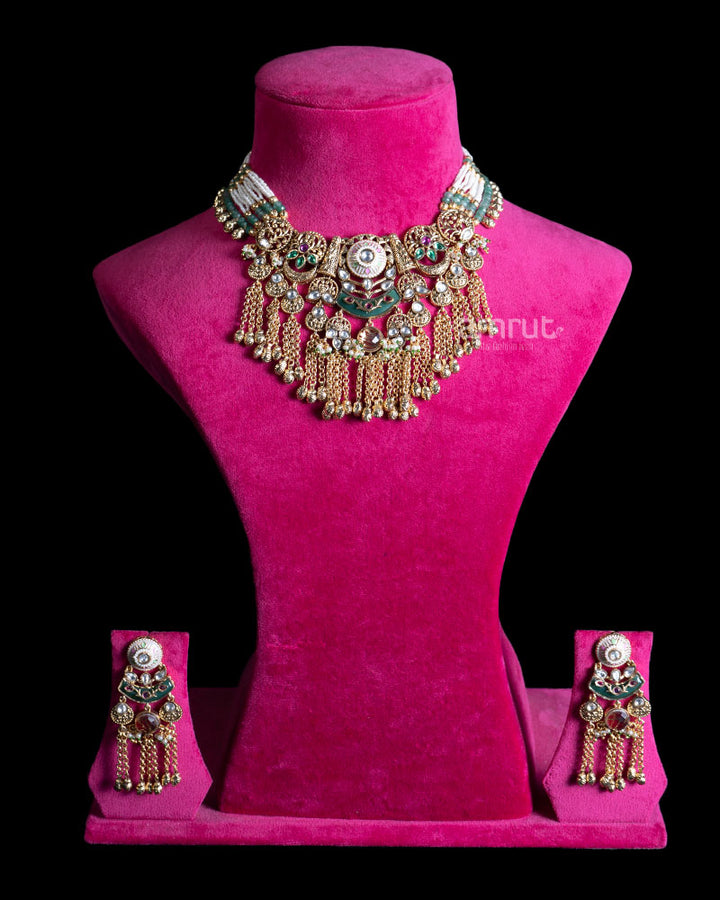Gold Toned Necklace with Gemstone Accents and Decorative Central Pendant 01