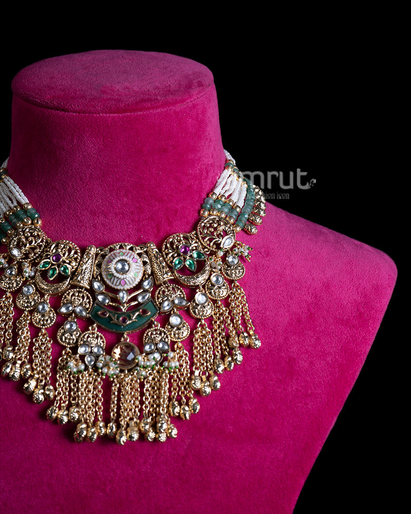 Gold Toned Necklace with Gemstone Accents and Decorative Central Pendant 02