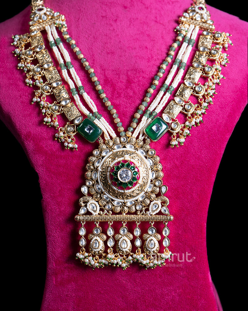 Gold Toned Necklace with Pearl Strands Crystal Pendant and Dangle Charms 02