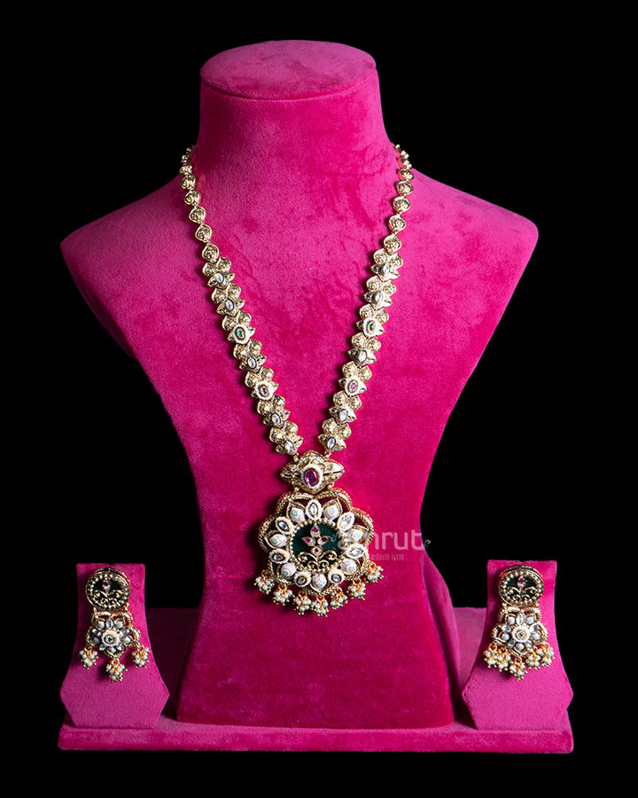 Gold Toned Ornate Flower Pendant and Gemstone Accents Long Necklace 01