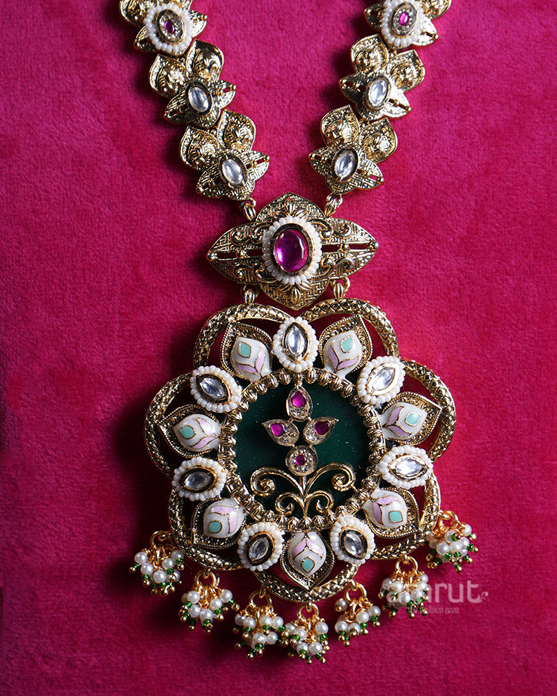 Gold Toned Ornate Flower Pendant and Gemstone Accents Long Necklace 02