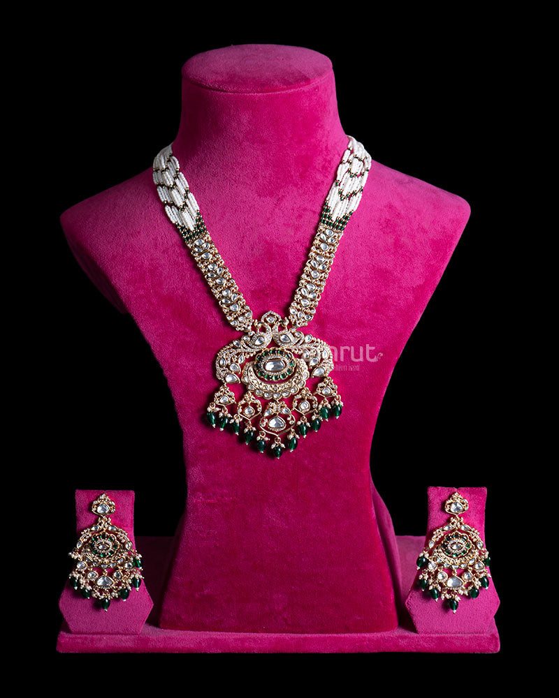 Gold Toned Peacock Necklace with White Stones and Emerald Green Accents 01