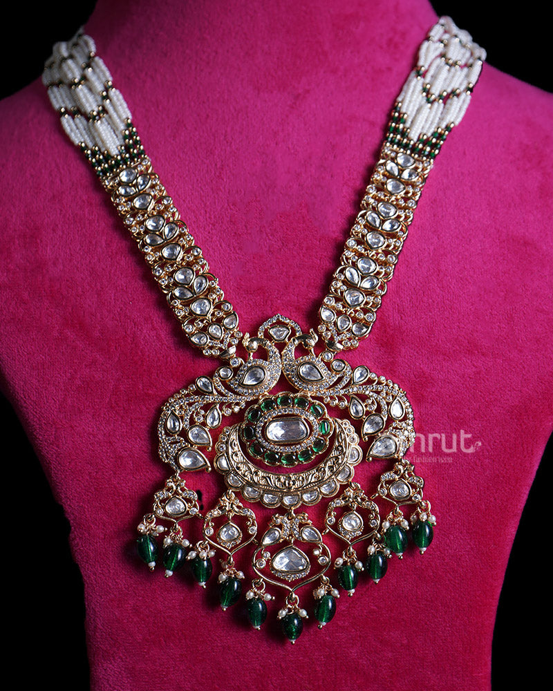 Gold Toned Peacock Necklace with White Stones and Emerald Green Accents 02