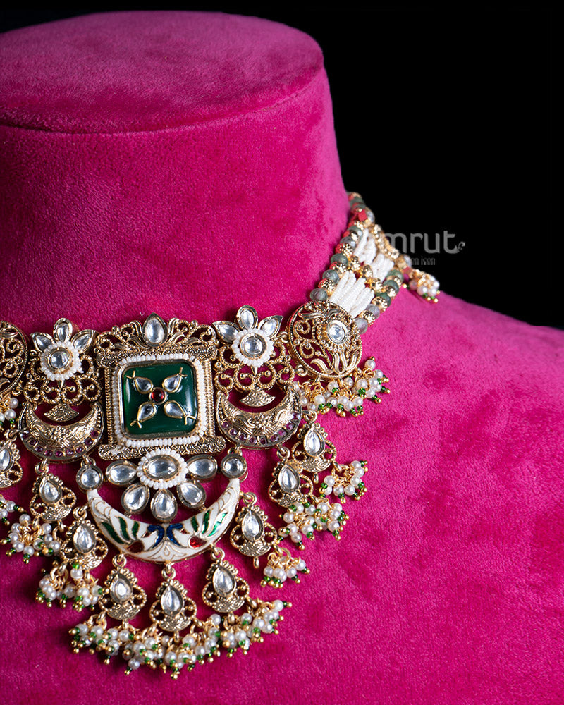 Gold Toned Pearl Necklace with Emerald Green Stone and Cascading Moon Pendants 02