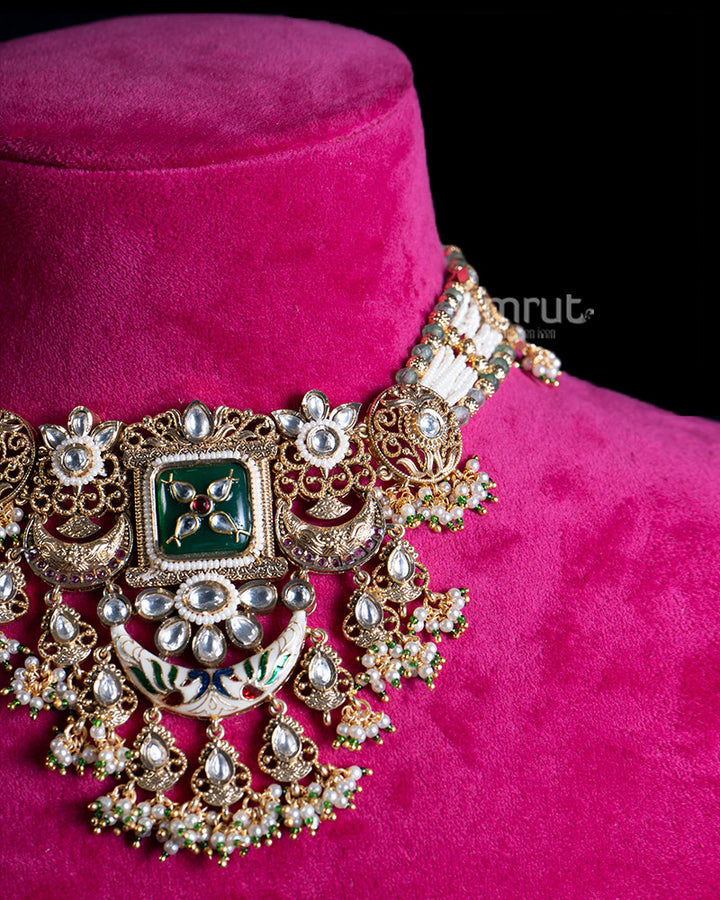 Gold Toned Pearl Necklace with Emerald Green Stone and Cascading Moon Pendants 02