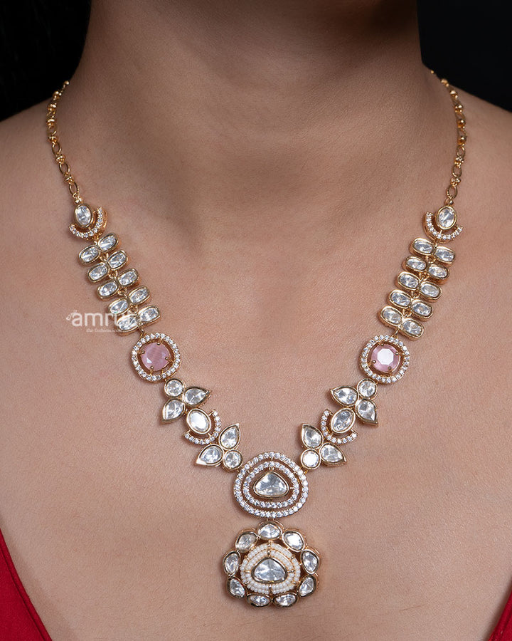 Gold and Pink Kundan Necklace Set with Matching Earrings 01