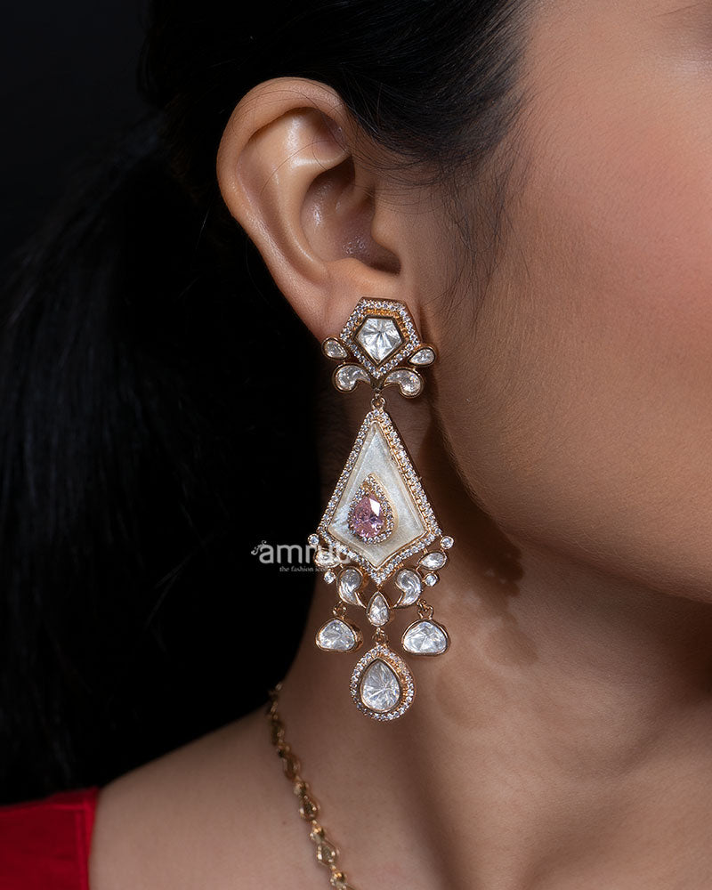 Gold and Pink Kundan Pendant  Necklace Set with Matching Earrings 02