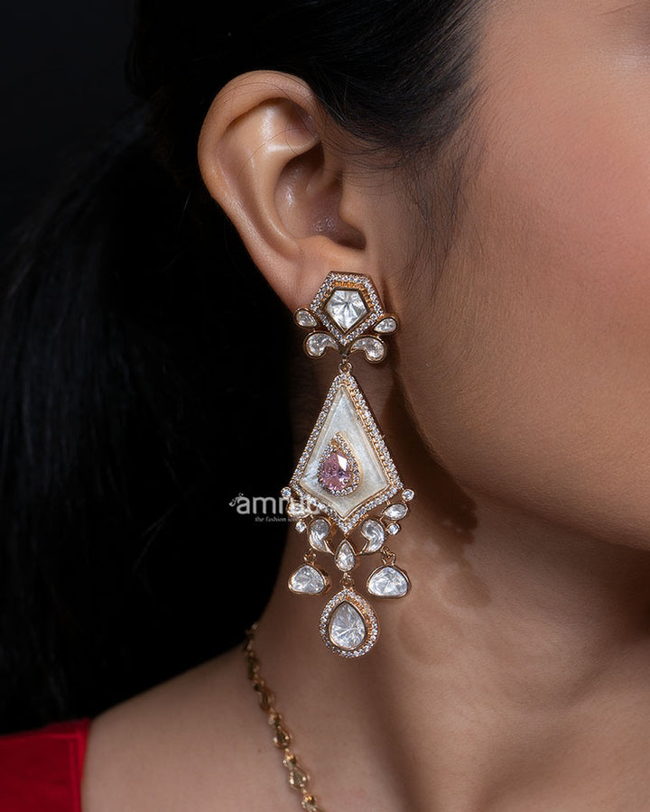 Gold and Pink Kundan Pendant  Necklace Set with Matching Earrings 02