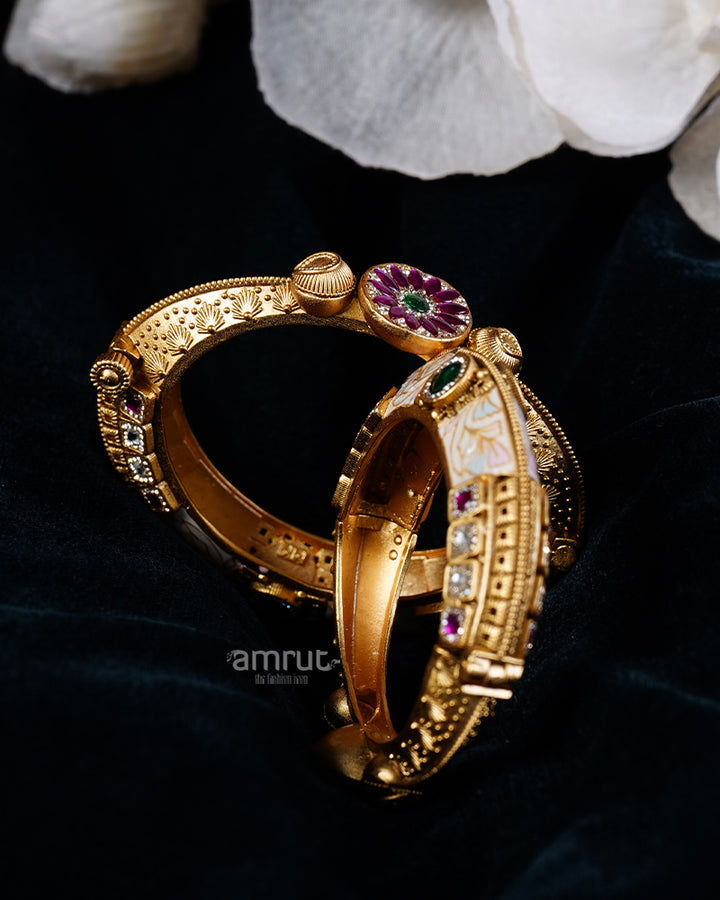 Gold with Intricate Patterns and Ruby-Emerald Gemstone Inlays Bangles 02