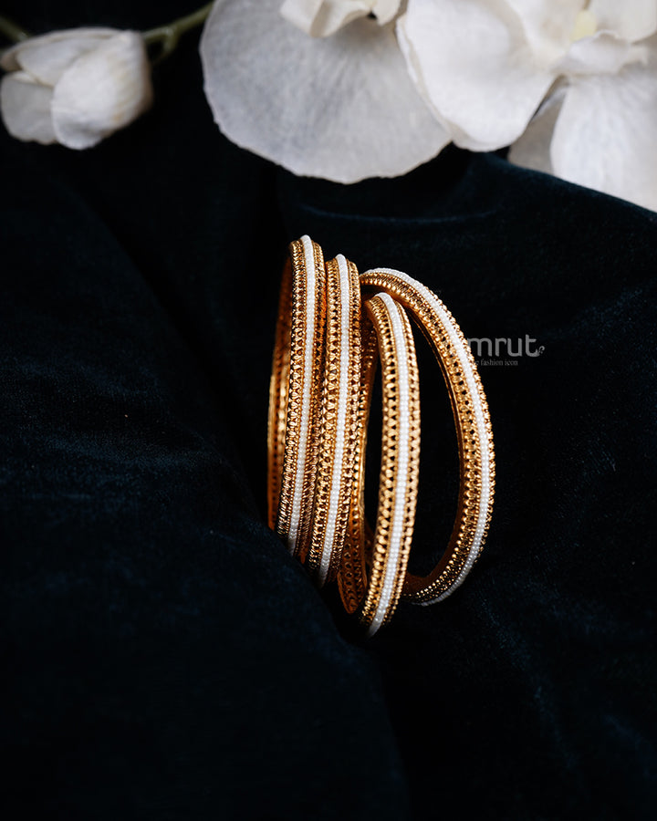 Golden-Toned Off-White Beaded Detailing Bangles 01
