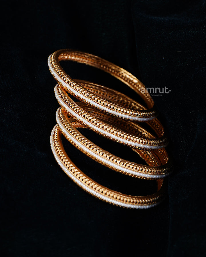 Golden-Toned Off-White Beaded Detailing Bangles 02