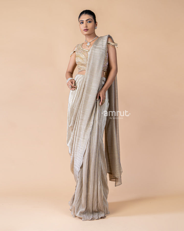 Golden Ready to Wear Saree with Embroidered Blouse