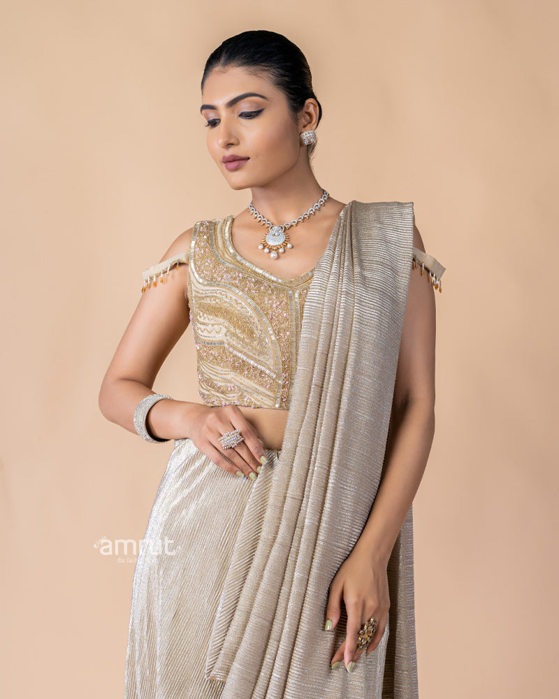 Golden Ready to Wear Saree with Embroidered Blouse