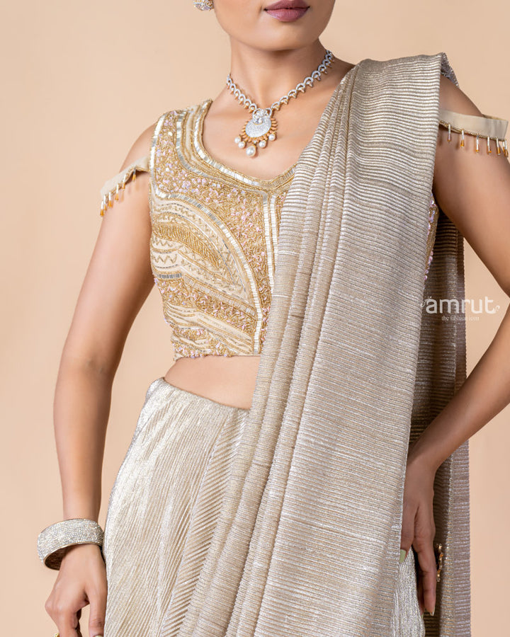 Golden Ready to Wear Saree with Embroidered Blouse