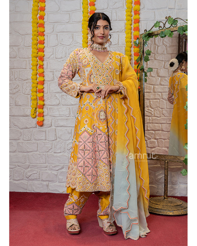 Salwar Suit With Dupatta Golden Yellow Heavy Embroidered Salwar