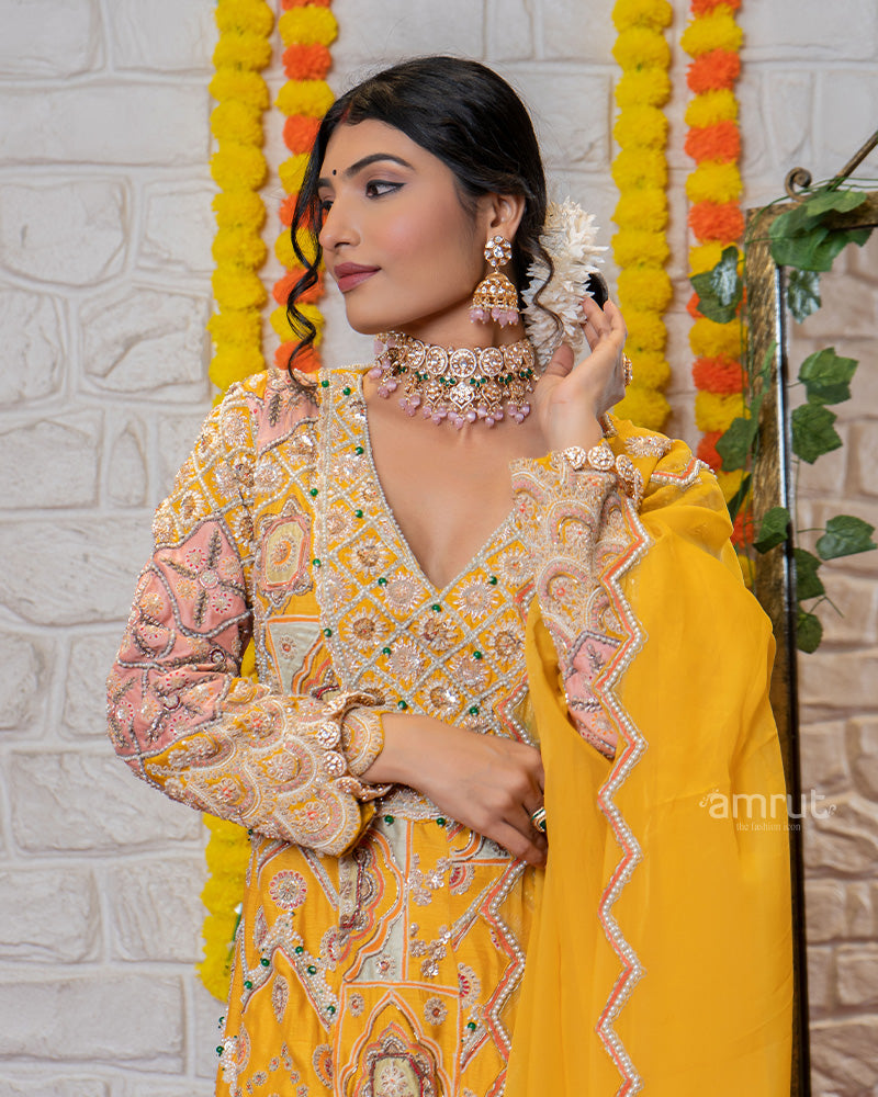 Golden Yellow Heavy Embroidered Salwar Suit with Dupatta – AMRUT