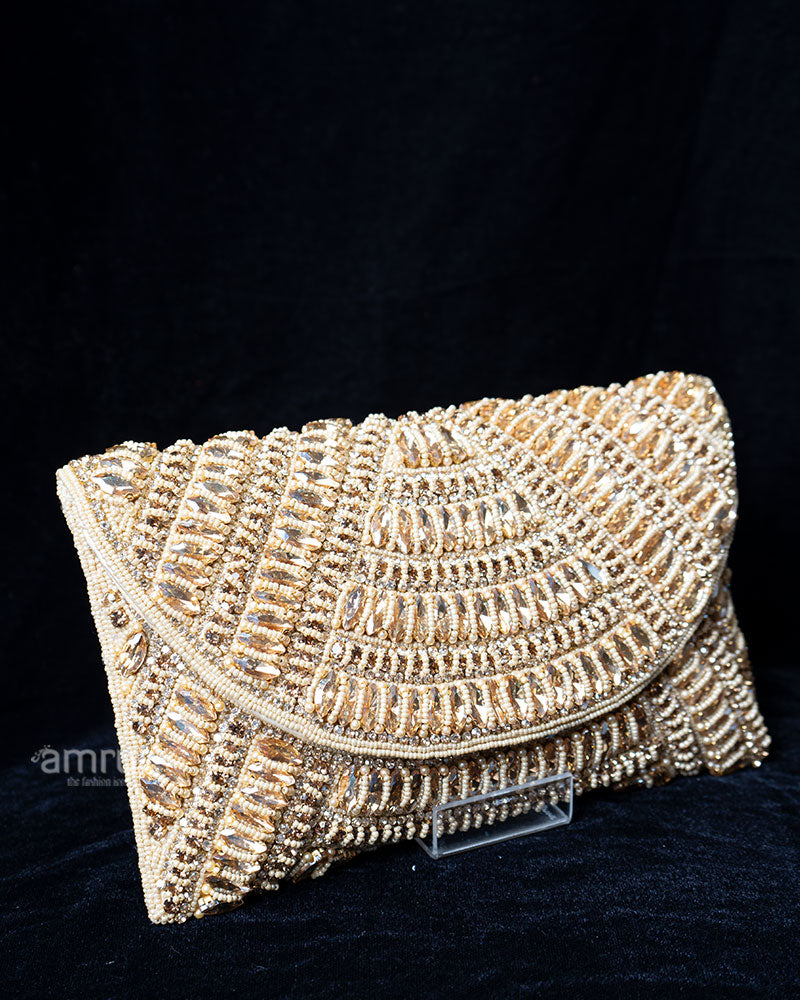 Golden Beaded Envelope with Rhinestone Accents Clutch Handbag  01