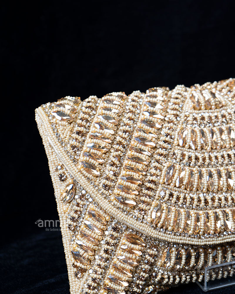 Golden Beaded Envelope with Rhinestone Accents Clutch Handbag  02