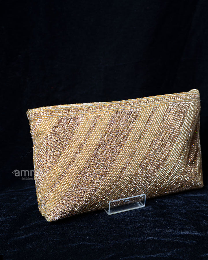 Golden Beaded Striped Rectangular Clutch Purse 01