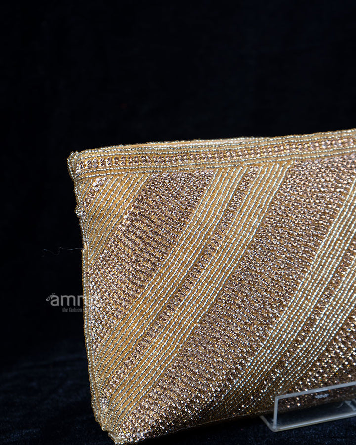 Golden Beaded Striped Rectangular Clutch Purse 02