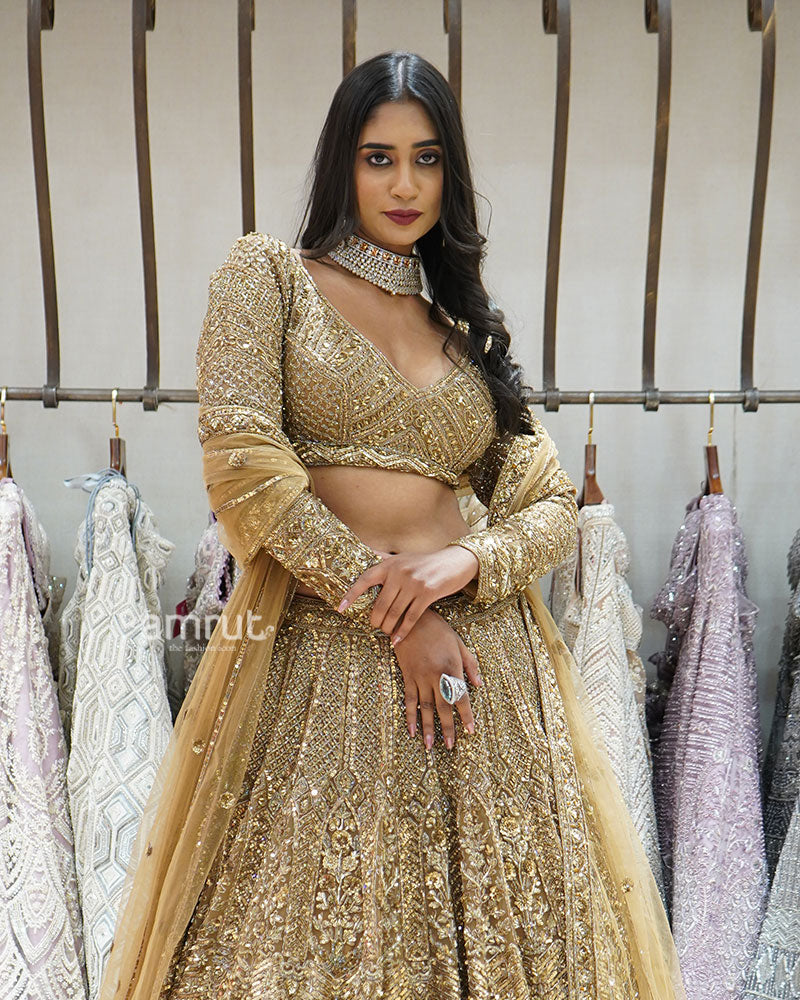 Golden Embellished Bridal Lehenga Set 02
