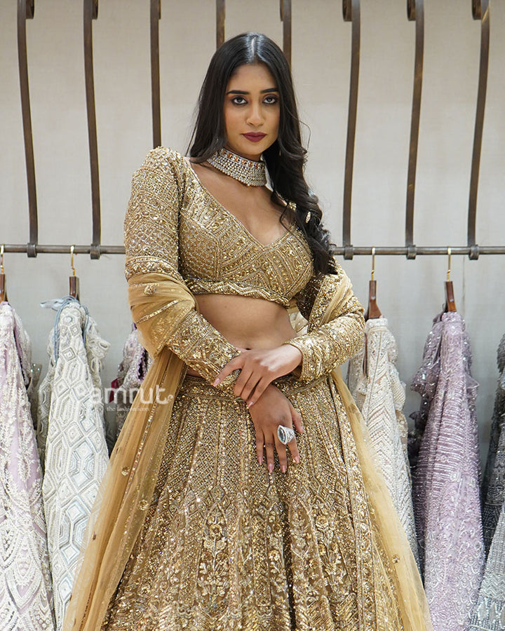 Golden Embellished Bridal Lehenga Set 02
