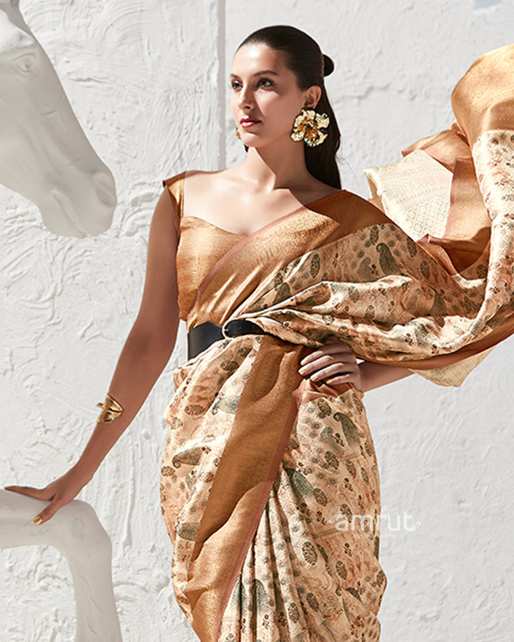 Golden Floral-Print Light Beige Silk Saree with Unstitched Blouse 02