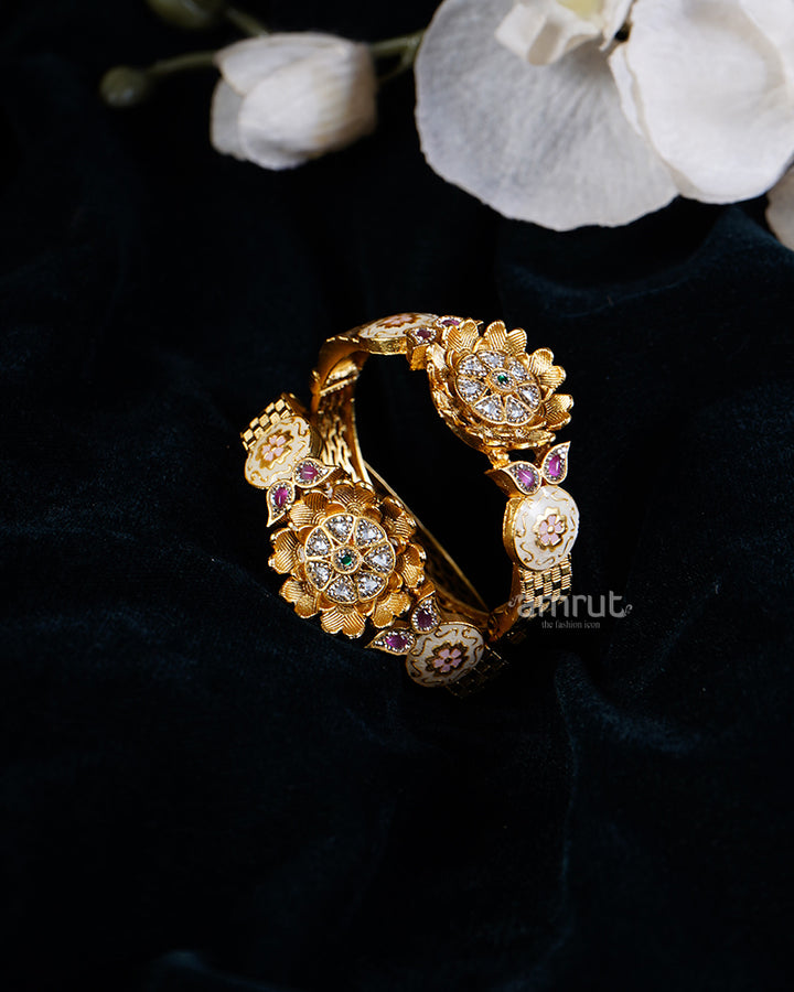 Golden Floral Motif Bangles with Gemstones 01