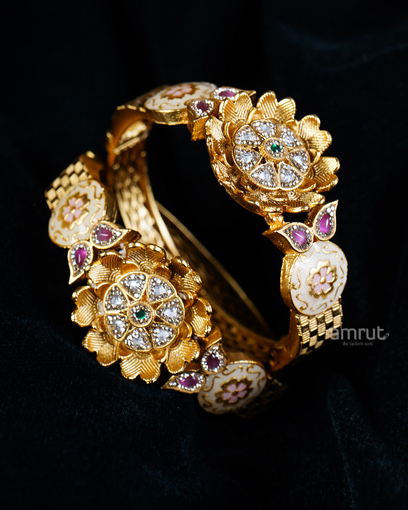 Golden Floral Motif Bangles with Gemstones 02