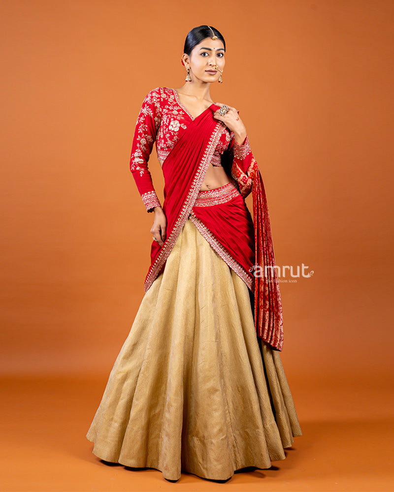 Golden Lehenga with Red Embellished Choli and Draped Dupatta AMRUT