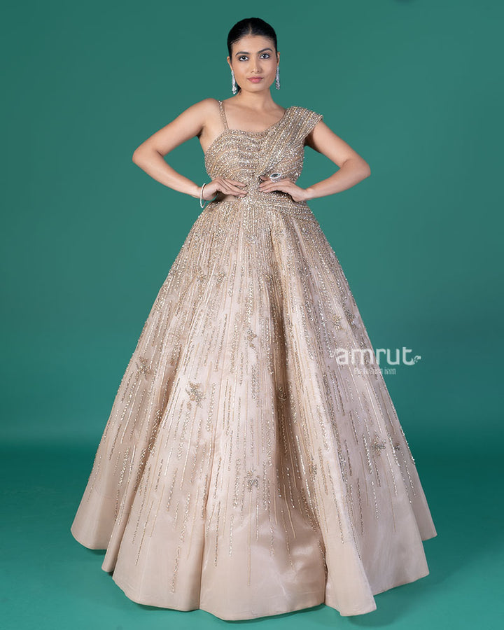 Golden One-Shoulder Embellished Party Wear Gown 01