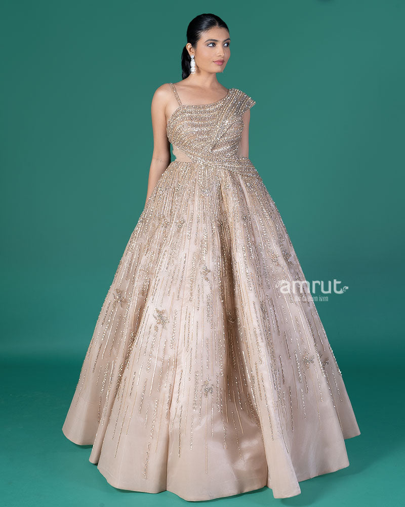 Golden One-Shoulder Embellished Party Wear Gown 04