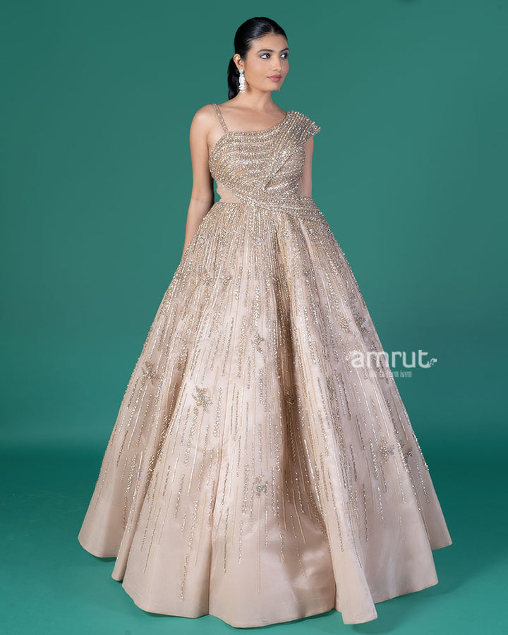 Golden One-Shoulder Embellished Party Wear Gown 04
