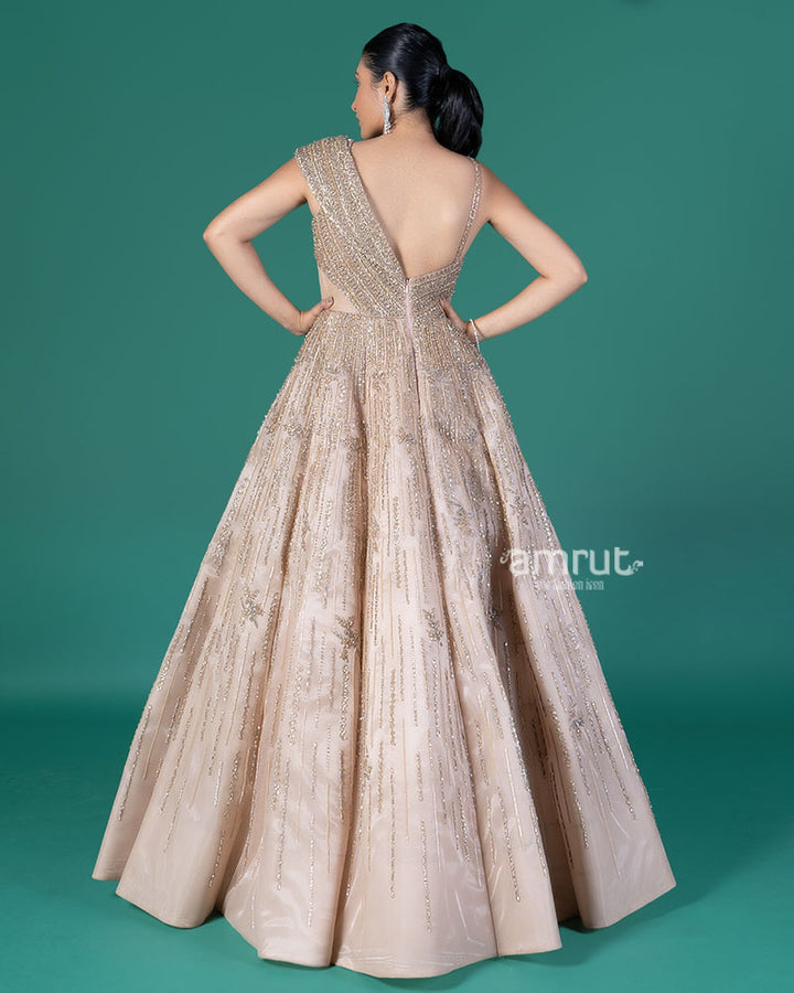Golden One-Shoulder Embellished Party Wear Gown 05