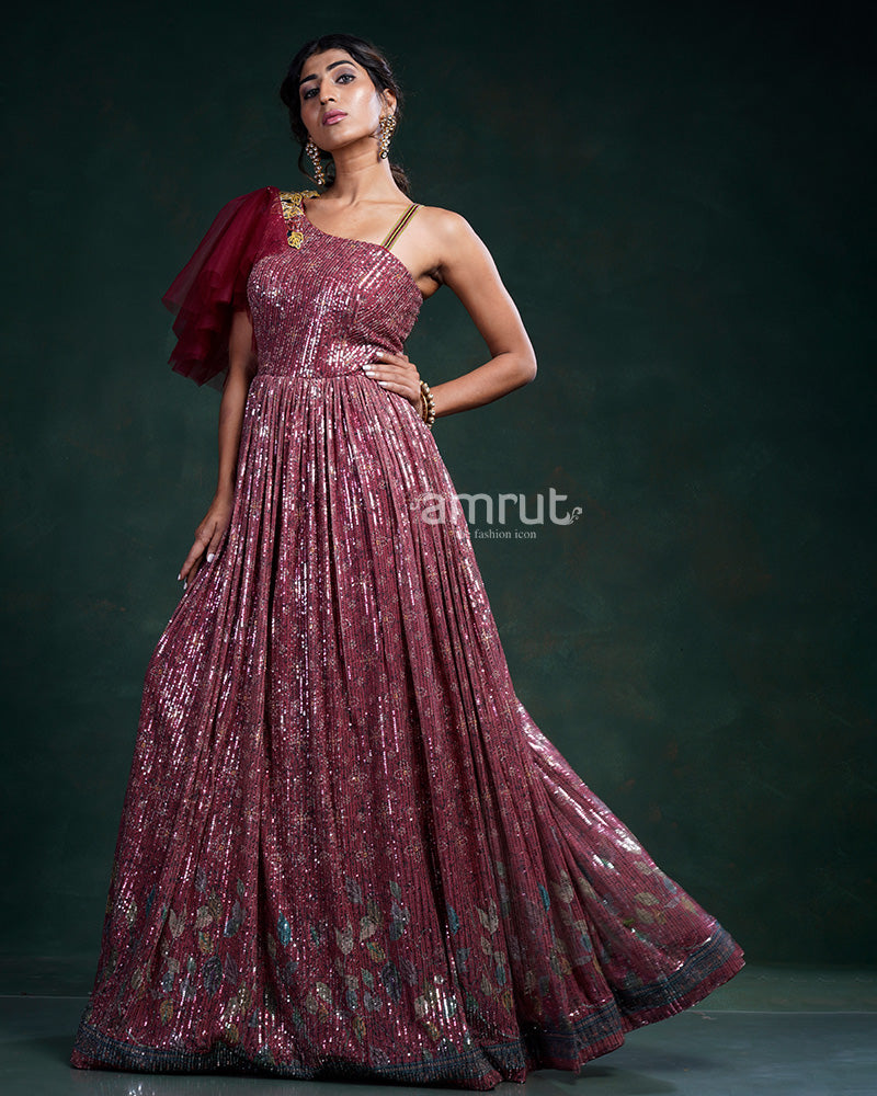 Gorgeous  Maroon Georgette Fabric Fancy Sequins Embellished  Gown